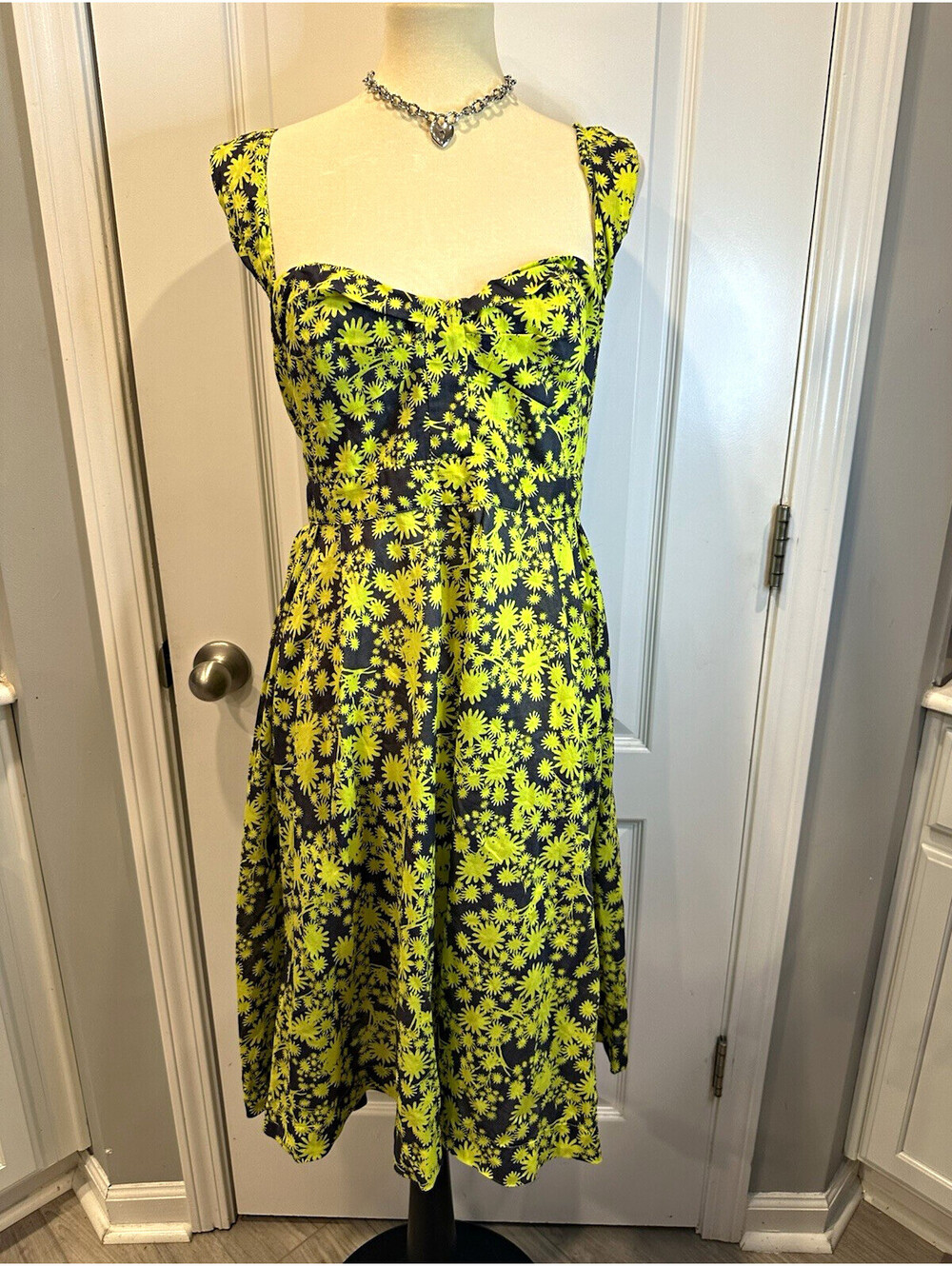 French Connection Black/Yellow Floral Sweetheart Strappy Midi Dress Cotton 12